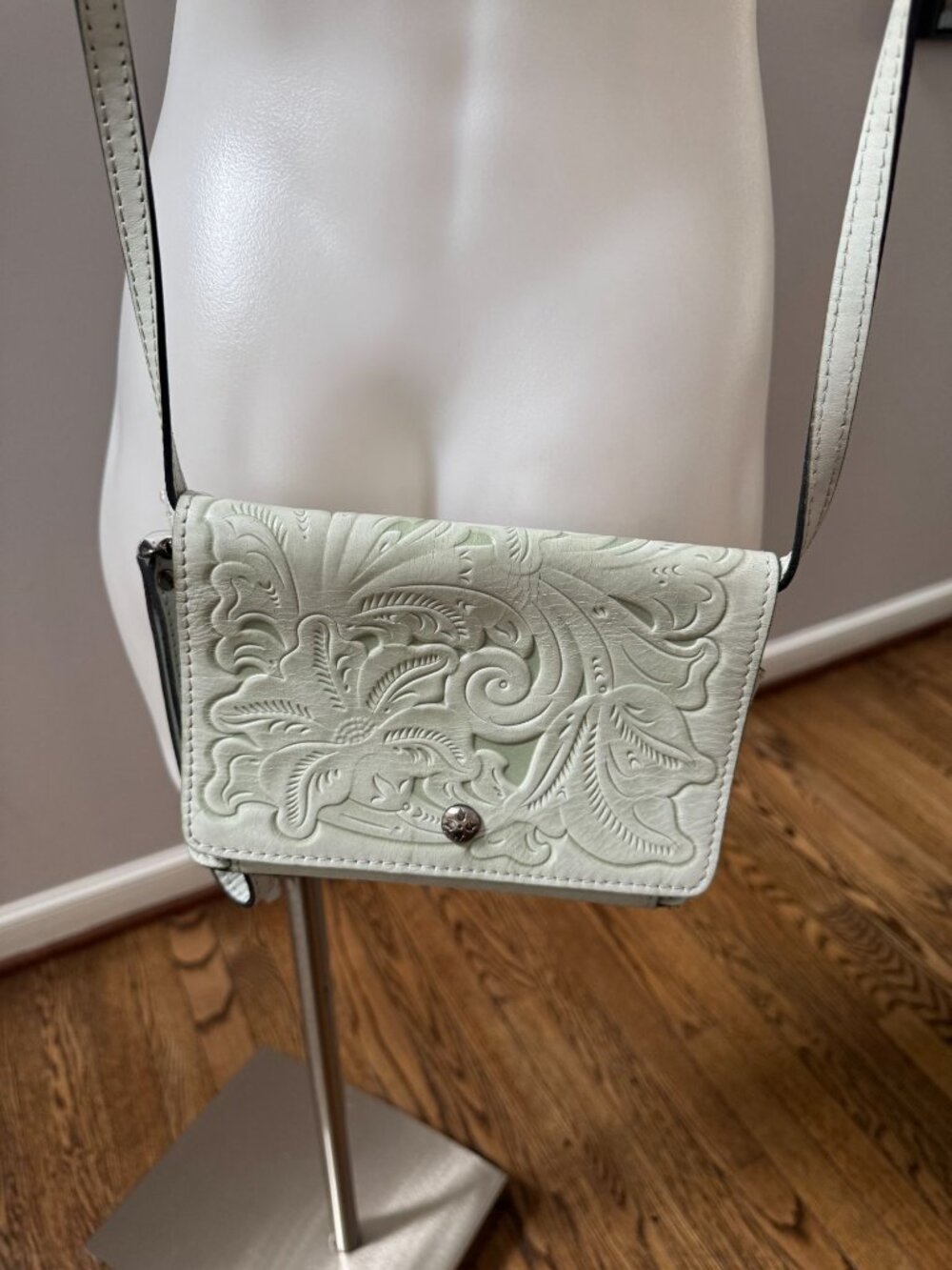 Patricia Nash Lanza Crossbody Bag Hand Tooled Leather Mint Green